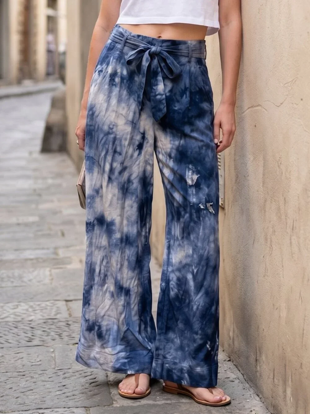 H&M Tie Dyed Cotton Black Pants Blue Size 8  Wide Legged Trousers Slacks Cotton